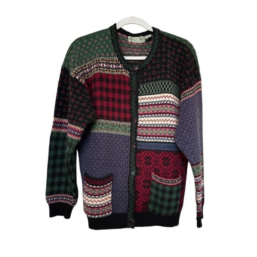 Vintage Northern Isles Patchwork Cardigan Cottagecore Pockets L Mixed Media Knit